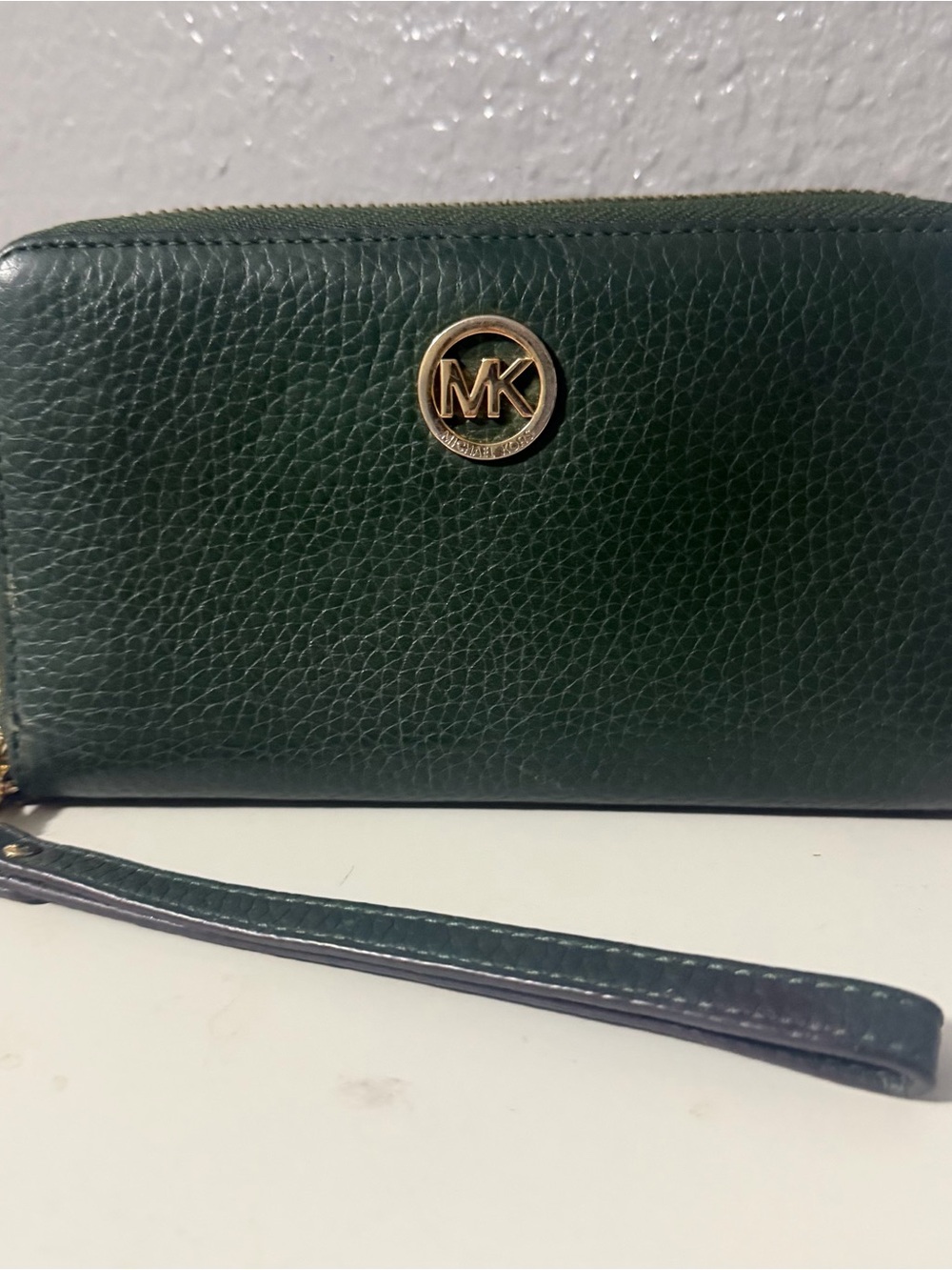 Michael Kors Forest Green Leather Zip Wristlet with Gold MK Logo
